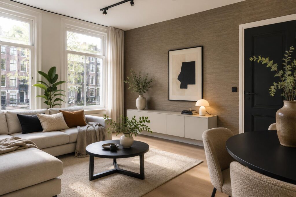 Moderne woonkamer in Amsterdam met rustige wanden, strak schilderwerk en eigentijdse verlichting als voorbeeld van snelle mod